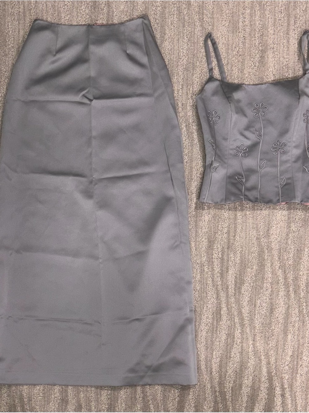 VTG Dessy Creations 2 Piece Bustier Skirt Silver Satin 90s New York Women’s Sz 4